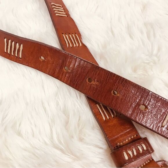 VINTAGE 90s Y2K Whiskey Brown Embroidered Leather Belt Cognac Classic Medium - Picture 7 of 8